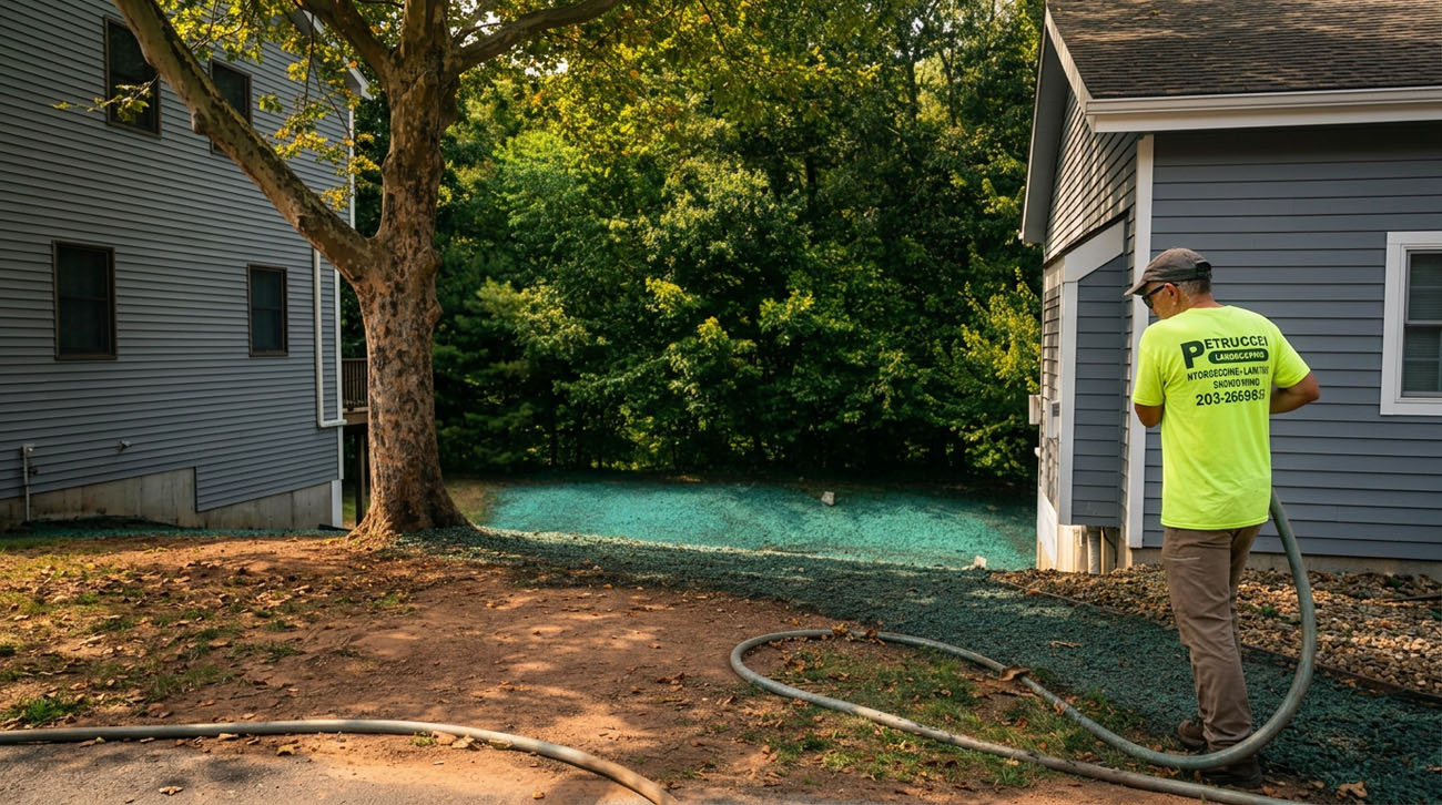 Hydroseeding service for residential lawn establishment